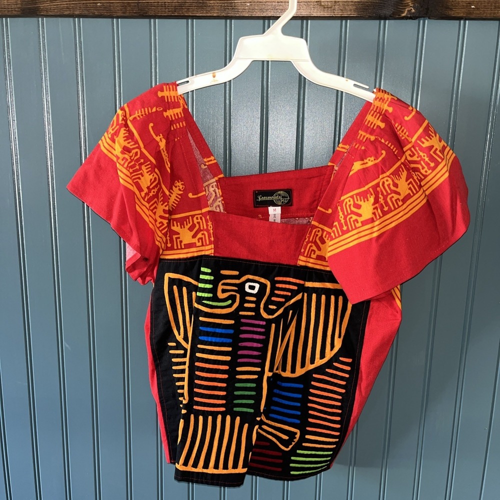 Vtg Crossroads Med Women's Shirt Pull Over Indian/inca Design Red And Black